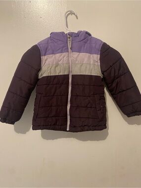 Girls' Purple Tone Block Hooded Puffer Jacket